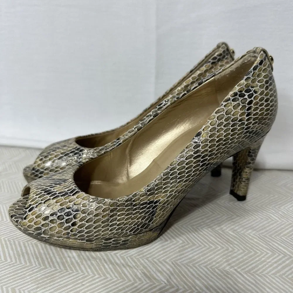 Stuart Weitzman Pumps Womens 7 Brown Snake Print Leather Peep Toe Platform Heels